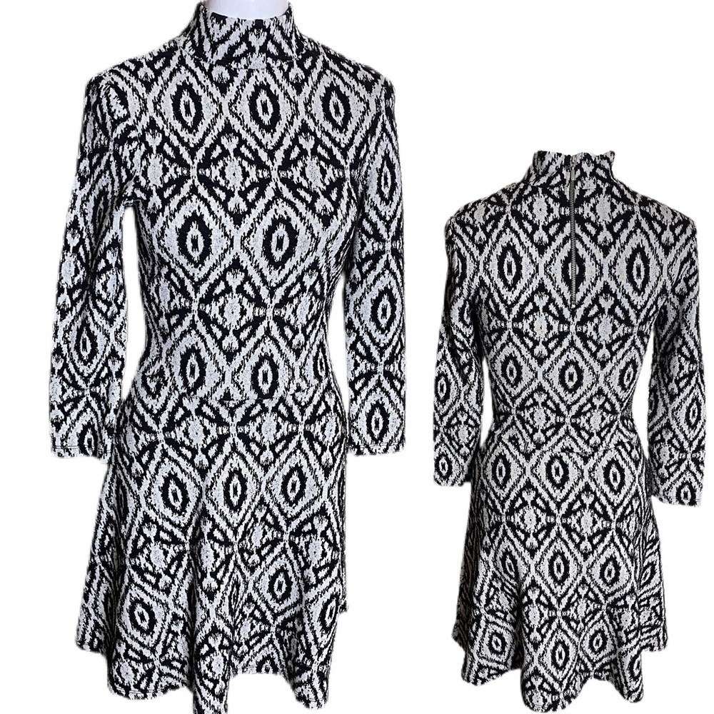H&M Black and White Geometric Long-Sleeve Fit-and-Flare Dress